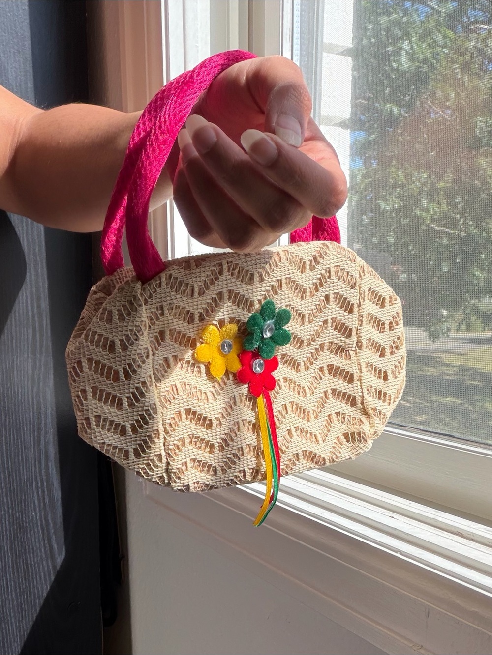Cream Crochet Mini Bag with Pink Handles and Floral Accents